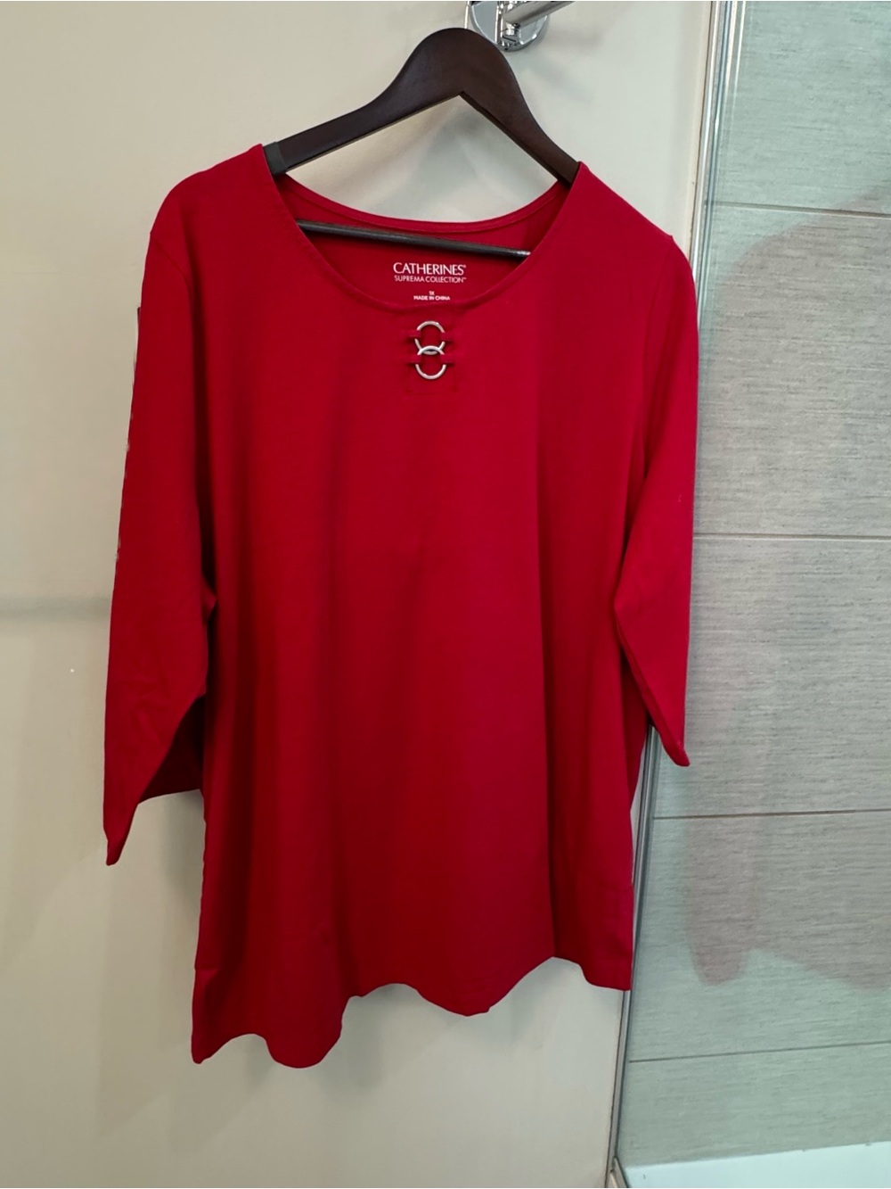 Catherines Red Long Sleeve Scoop-Neck Top with Silver Ring Detail - plus 1x